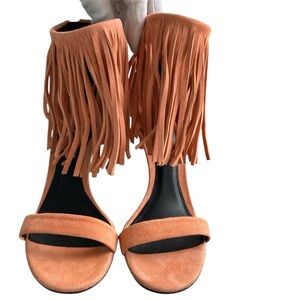ELYSE WALKER | 'Alex' Apricot Suede Fringe Peep-Toe Stiletto Sandals 37.5 Spain